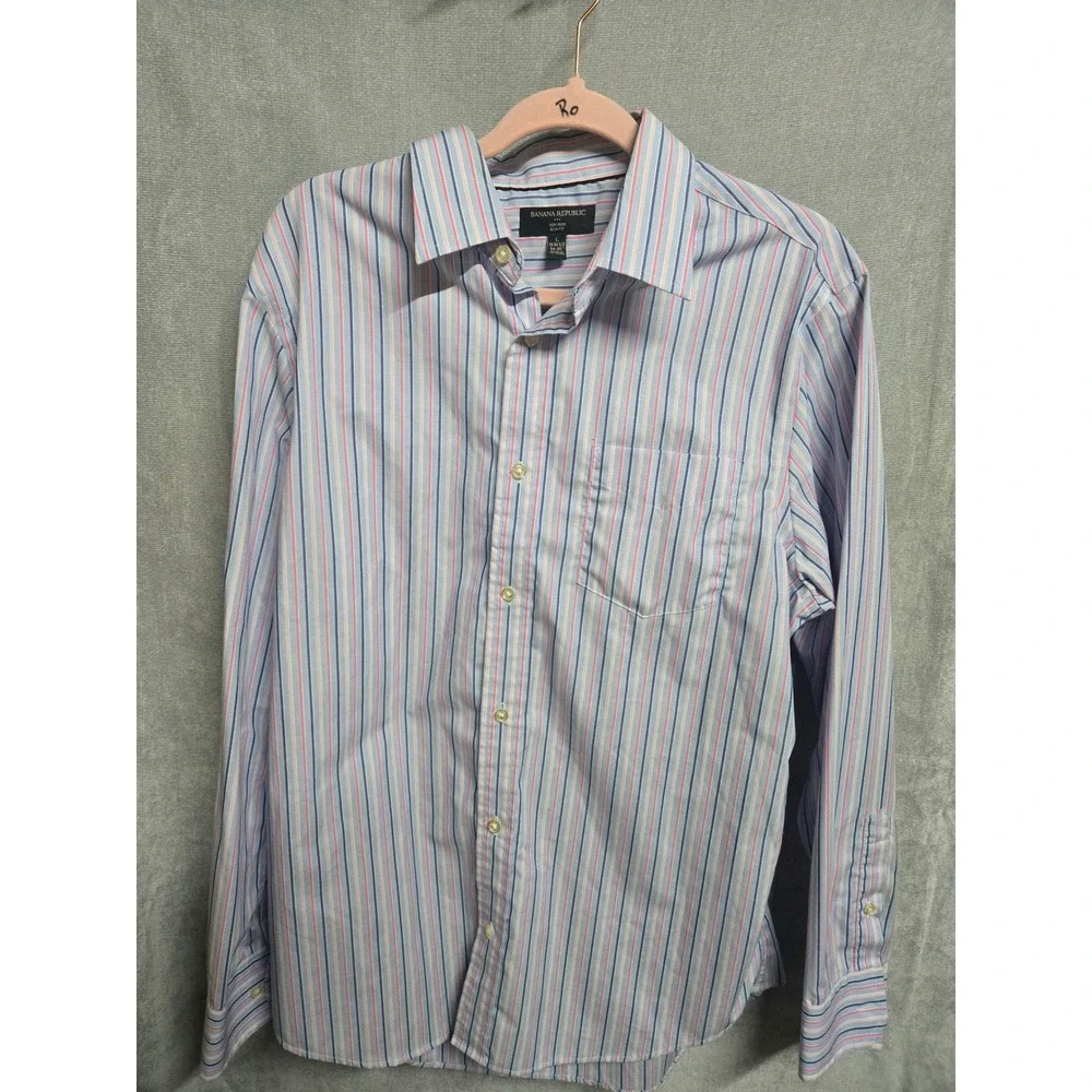 Banana Republic Mens Non Iron Slim Fit Dress Shirt Blue Pink Striped L 16-16.5